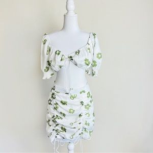 White & Green Floral Puff Short Sleeve Crop Top & Ruched Tie Mini Skirt Set